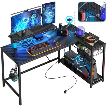 Bestier 132.5CM L-Shaped Workstation with Carbon Fibre Surface, 3 Power Outlets & 2 USB Ports, LED Strip Lights – Reversible Corner Unit with Shelves & Hooks for Home Office & Gaming