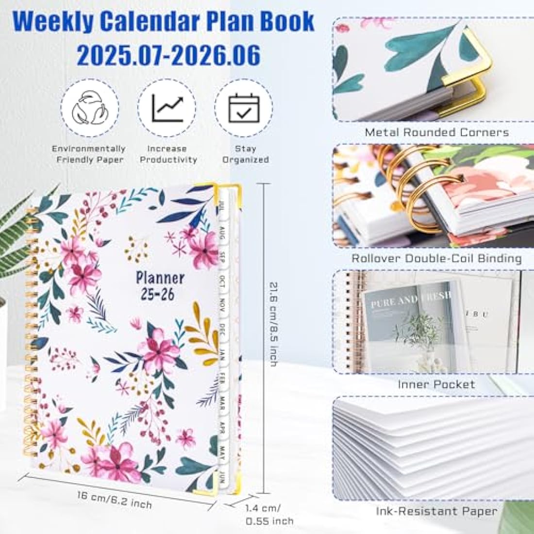 BLESWIN 2025-2026 Planner, 12 Months A5 Diary Week to View, JUL.2025-JUN.2026, Weekly Organiser Notebook, Weekly Planner Spiral Bound with Inner Pocket, Academic Diary for Life Work