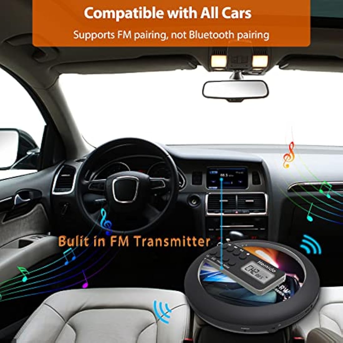 Hernido Portable CD Player for Car, Compact Disc Personal CD Player with FM Transmitter, USB Rechargeable CD Player with Headphones, Shockproof/Resume Playback Walkman