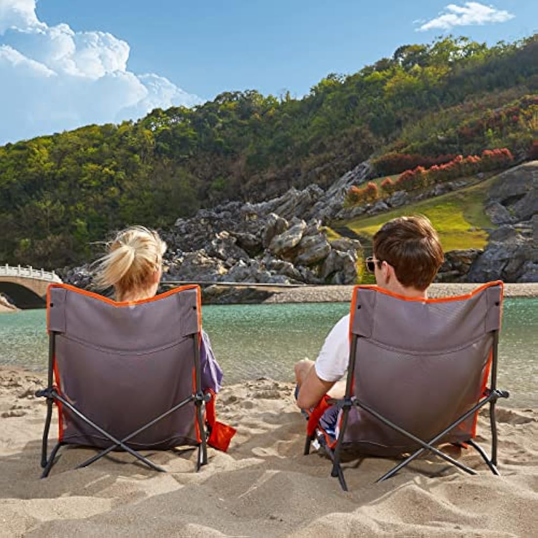 Portal Folding Beach Chairs Low Lightweight Portable for Adults Foldable Beach Seat Camping Festival Picnic Deck Chair Outdoor Collapsible with Cupholder Mesh Back Padded Armrests Supports 150KG