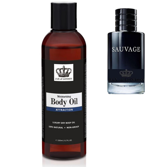 Jax of London 200ml Attraction for Men, Inspired Body Oil, Moisturising Massage Oil for Skin, For all types of Skin, Suitable for Massage, Firming,