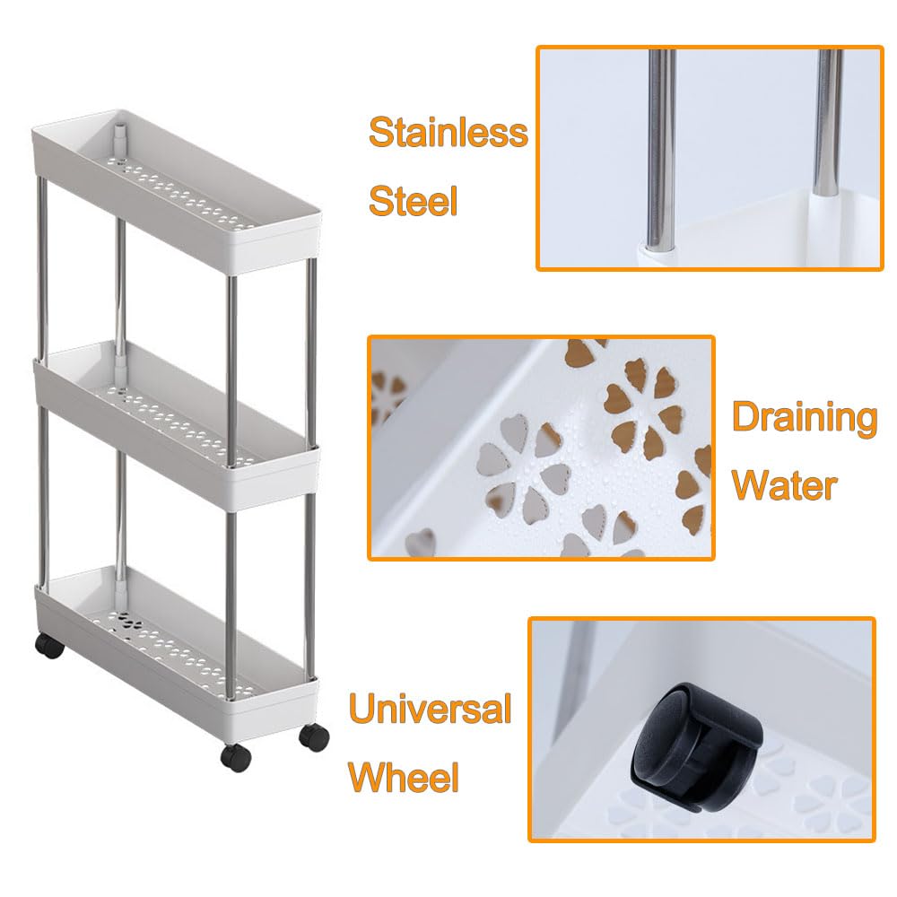 3-Tier Narrow Slim Storage Trolley Cart Slide-out Utility Mobile Shelving Space Organizer Shelf Rack Storage Cart on Wheels for Kitchen Bathroom