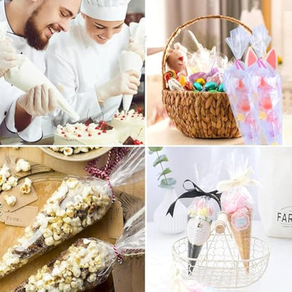 FOLKSNSHOPS 200pcs Sweet Cone Bags 32x18cm Clear Cone Bags, Sweet Bags, Cellophane Cone Bags with Ties for Party Supplies, Sweets, Biscuits Displaying & Wrapping on Birthday Parties and Festivals