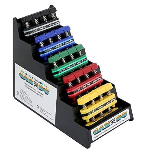 Cando 10-0746 Hand exerciser SET - finger grip strengthener Digi-Flex, (1 per difficulty level - very easy to very difficult) and display,Yellow thru Black - 5 pc Set with display