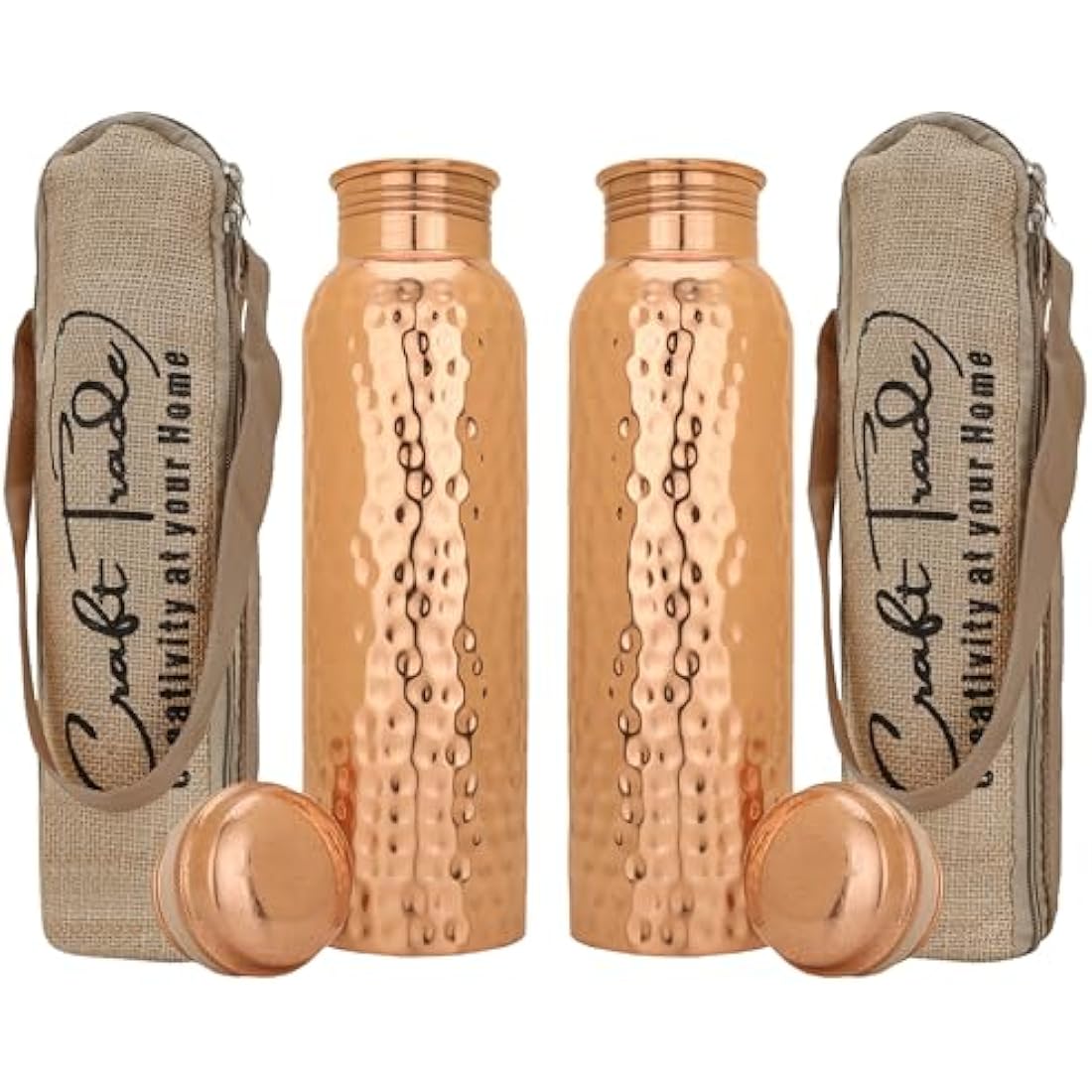 Craft Trade Pack of 2 Pure Copper Bottle with Lid and Carry Bag for Drinking Water BPA Free Leak Proof Boosts Immunity, Supports Digestive & Liver Health, Ayurveda Inspired 34oz - 1 Litre Natural
