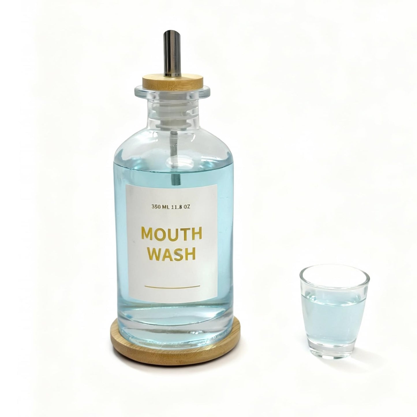 Yumzxin 11.8OZ Glass Mouthwash Bottle with Bamboo Tray & Stainless Steel Nozzle, Refillable Bathroom Organizer, Essential Oil Dispenser