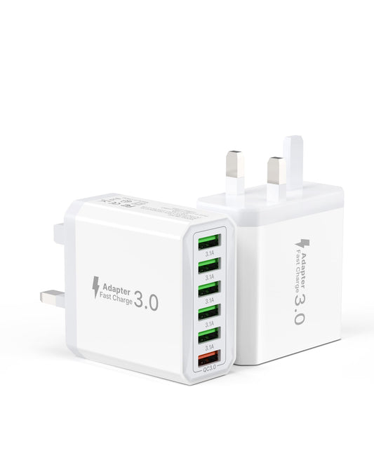 2 Pack USB Plug UK, 33W 6 Port Multi Plug Multiport Charger Head with QC 3.0 Fast Charging, USB Plug Adaptor UK Wall Power Adapter Mains for iPhone 16