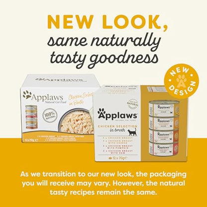 Applaws Natural Wet Cat Food Tin, Chicken Multipack Selection in Broth 70g (Pack of 12 x 70g Tins)