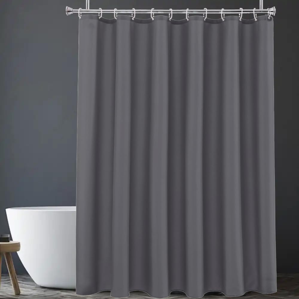 HOMTRYLIC Dark Grey Shower Curtain W200 x L220cm Plain Fabric Shower Curtain for Bathroom Water Repellent Extra Long Bath Shower Curtain Set with 12