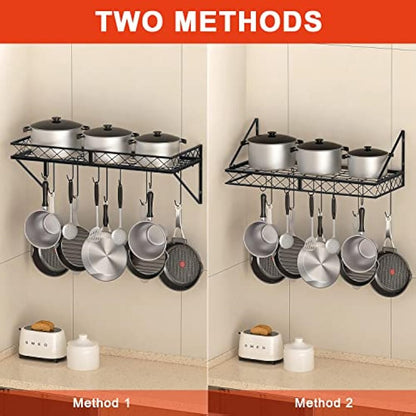 Mutool Wall Mount Pot Pan Racks, 70CM Saucepan Hanging Racks Utensils Hanging Shelf, Pan Rack for kitchen, Metal Cookware Organiser with 10 Hooks, Black