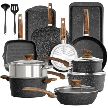 Kitchen Academy Non-Stick Pots and Pans Set, 17 Piece Granite-Coated Kitchen Cookware Set, Induction Cooking Saucepan Set, Black