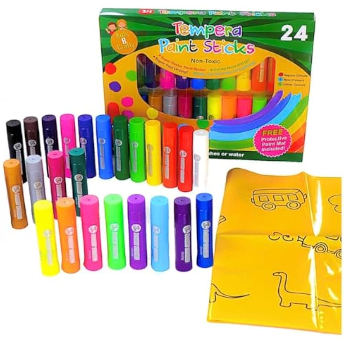 Paint Sticks for Children – 24 Washable Mess-Free Painting & Colouring with Free Mat – Non-Toxic, Fast-Drying Art Set for Kids & Toddler Activities