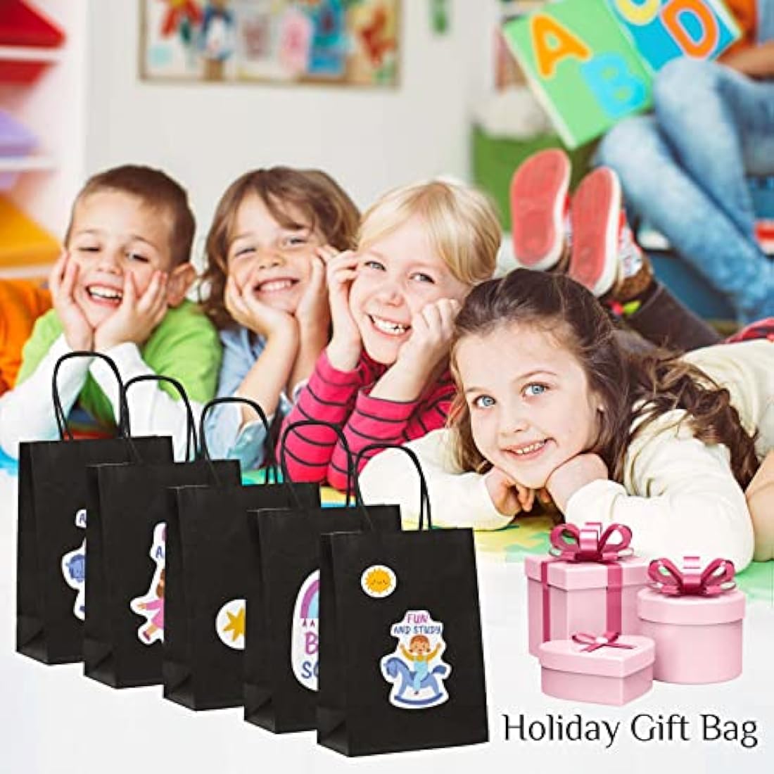 GIFTSAY 50 Pcs Black Kraft Paper Bags 15X8X21cm, 120 gsm Black Paper Gift Bags with Handles, Black Paper Shopping Bags for Retail, Shopping, Business, Gift Packaging
