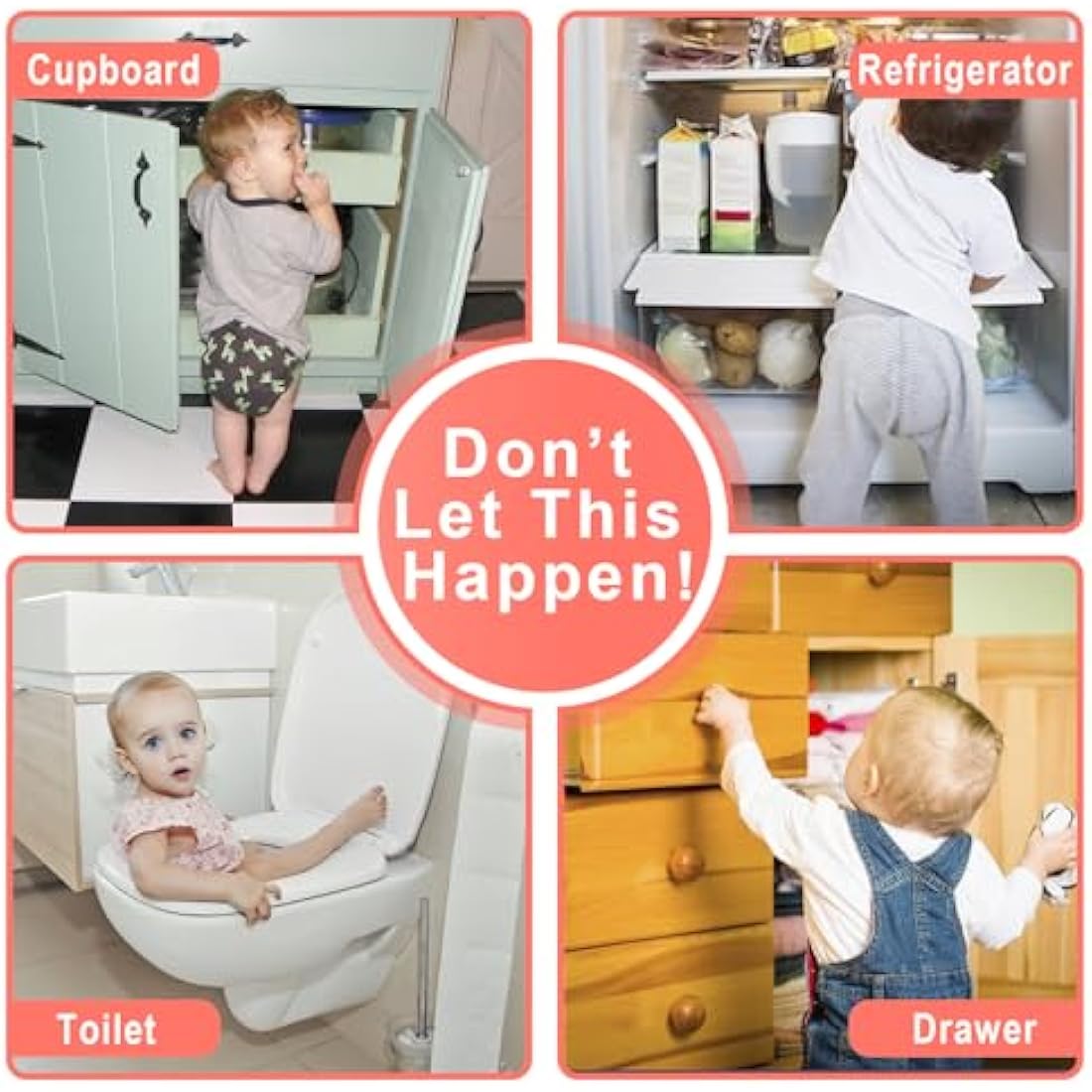 REDTRON Adjustable Cupboard Locks for Children, 6 Pack Baby Safety Drawer Latch, Child Locks for Cabinets, Drawer, Closet, Fridge, Refrigerator, Trash, with Upgraded Adhesive Double Lock System(White)