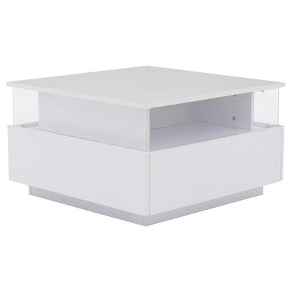 ModernLuxe LED Coffee Table with Storage, Square Acrylic Glass Tea Table, 2 Sliding Drawers, High Gloss White Center Table with Lights, 70x70x41cm
