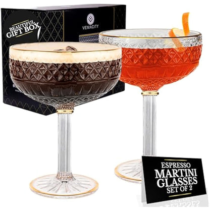 Art Deco Espresso Martini Glasses with Gold Rims| Coupe Cocktail Glasses Set of 2 | Handmade Crystal | Quality Champagne Coupe/Champagne Saucers + Recipe PDF| Large Cocktail Glass | Serve Mocktails