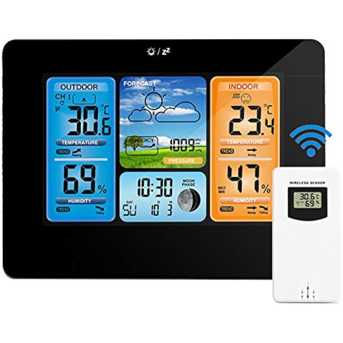 Powcan Weather Stations Wireless Indoor Outdoor with Alert and Temperature/Humidity/Barometric/Forecast/Moon Phase/Alarm Clock, LCD Digital Weather Station with Outdoor Sensor for Home Office (Black)