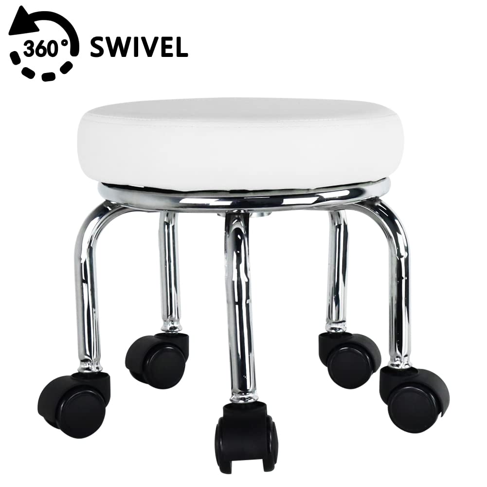 WKWKER Small Rolling Stool PU Leather Rotating Seat 360° Swivel Low Round Stool with Universal Wheels for Home Massage Garden Office Garage Shop