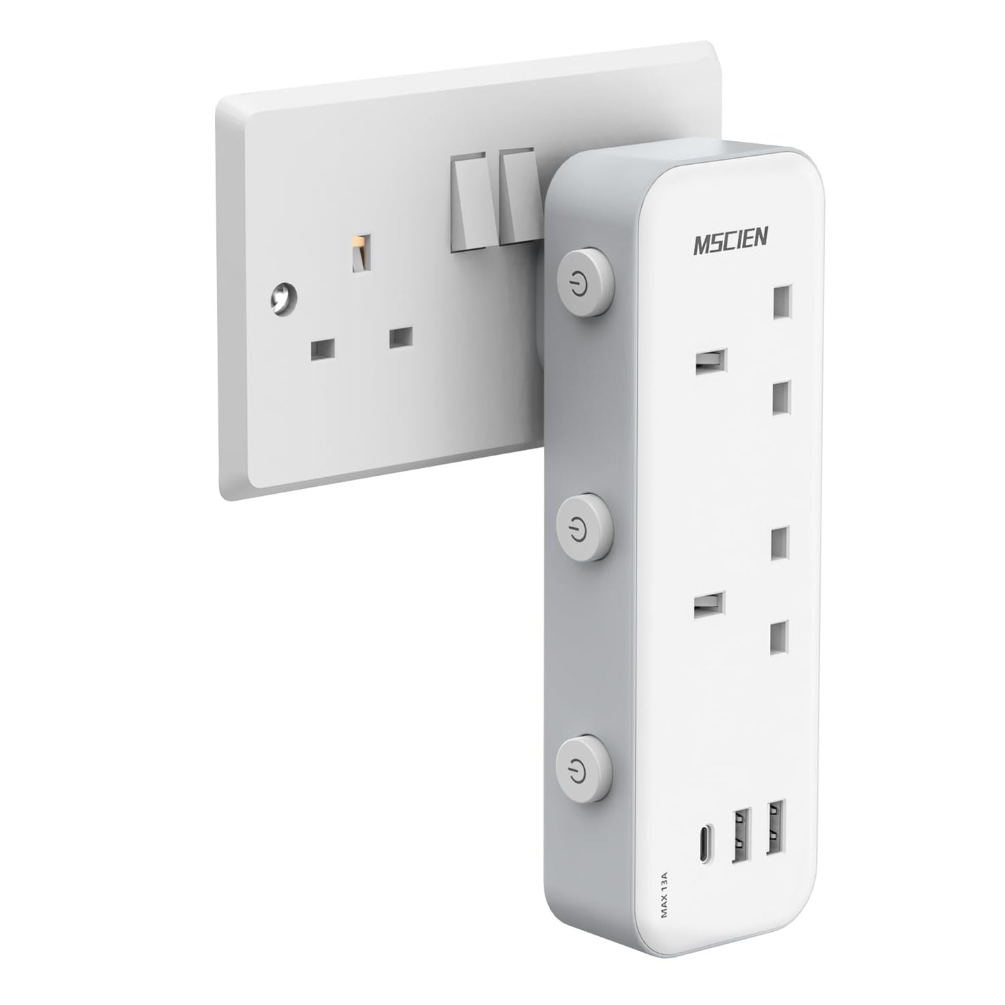 MSCIEN Double Plug Adaptor With USB-C and USB-A, Individually Switched Multi Plug (Blue Indicator), White Adapter for Home, Office, Dorm