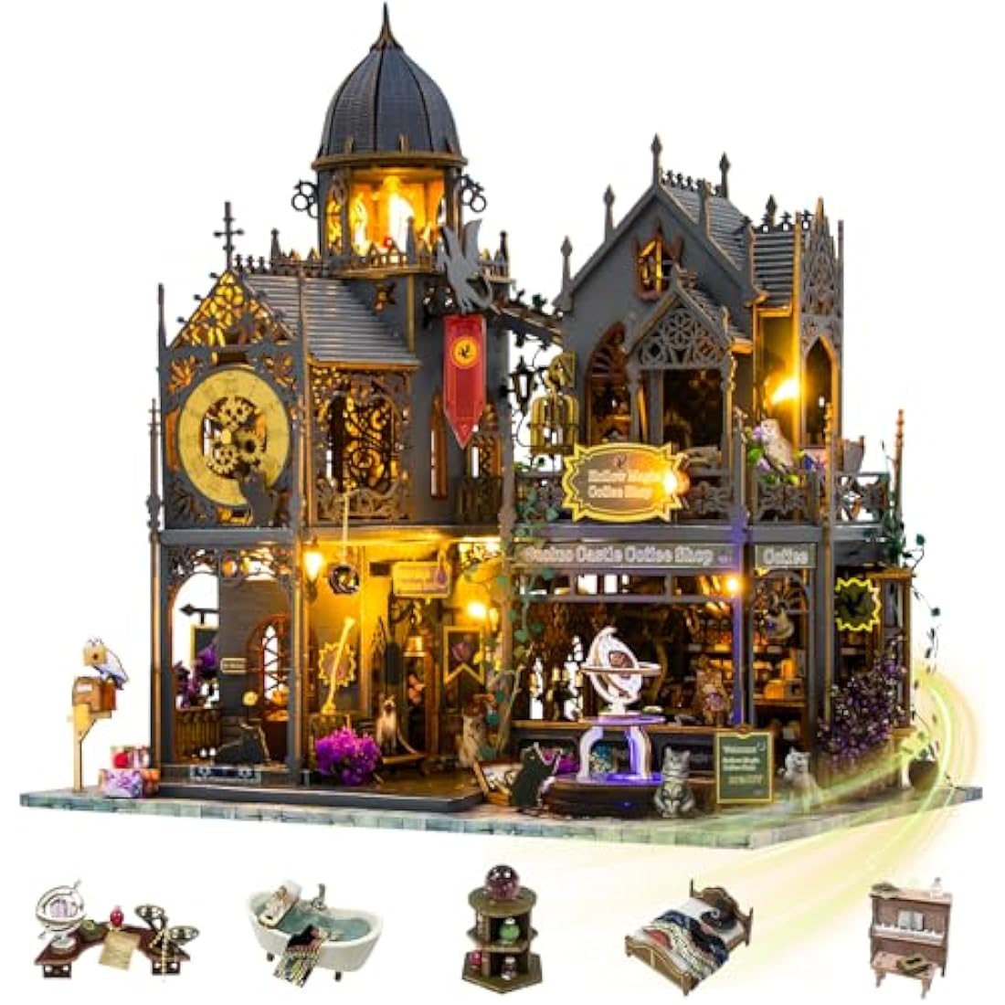 Mostop DIY Miniature Dollhouse Kit, Wooden Dollhouse Kit Miniature House Kit with LED Light,Creative Room Idea for Kids/Adults Magic House DIY Kits (Huoluo Castle)