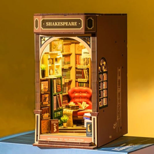 ROBOTIME Book Nook Kit for Adults with LED Lights, Bookstore Booknook 3D Wooden Puzzle, DIY Miniature Dolls House Kit, Book Shelf Decoration Christmas Birthday Gift for Adults Kids