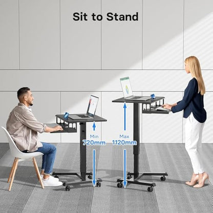 BONTEC 65 × 45cm Two-Tier Mobile Computer Workstation with 4 Rolling Castors, Laptop Stand on Wheels, Height Adjustable Standing Desk, Side Table for Living Room, Bedroom, Medical