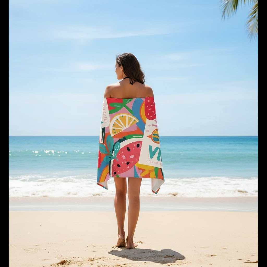 DJDEA Fruits Microfibre Beach Towel 90x180cm, Soft Quick Dry Sandproof Adults Swim Towel with Net Bag for Beach Pool Spa Gym