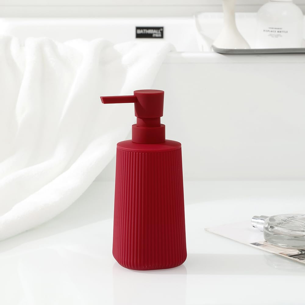 Small Soap Dispenser for Bathroom and Kitchen, Modern Farmhouse Striped Style Plastic Hand Soap Dish Soap Dispenser with Pump Matte Red
