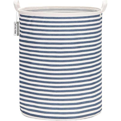 Sea Team 19.7 Inch Large Sized Waterproof Coating Ramie Cotton Fabric Folding Laundry Hamper Bucket Cylindric Burlap Canvas Storage Basket with Stylish Blue Stripe Design