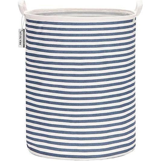 Sea Team 19.7 Inch Large Sized Waterproof Coating Ramie Cotton Fabric Folding Laundry Hamper Bucket Cylindric Burlap Canvas Storage Basket with Stylish Blue Stripe Design