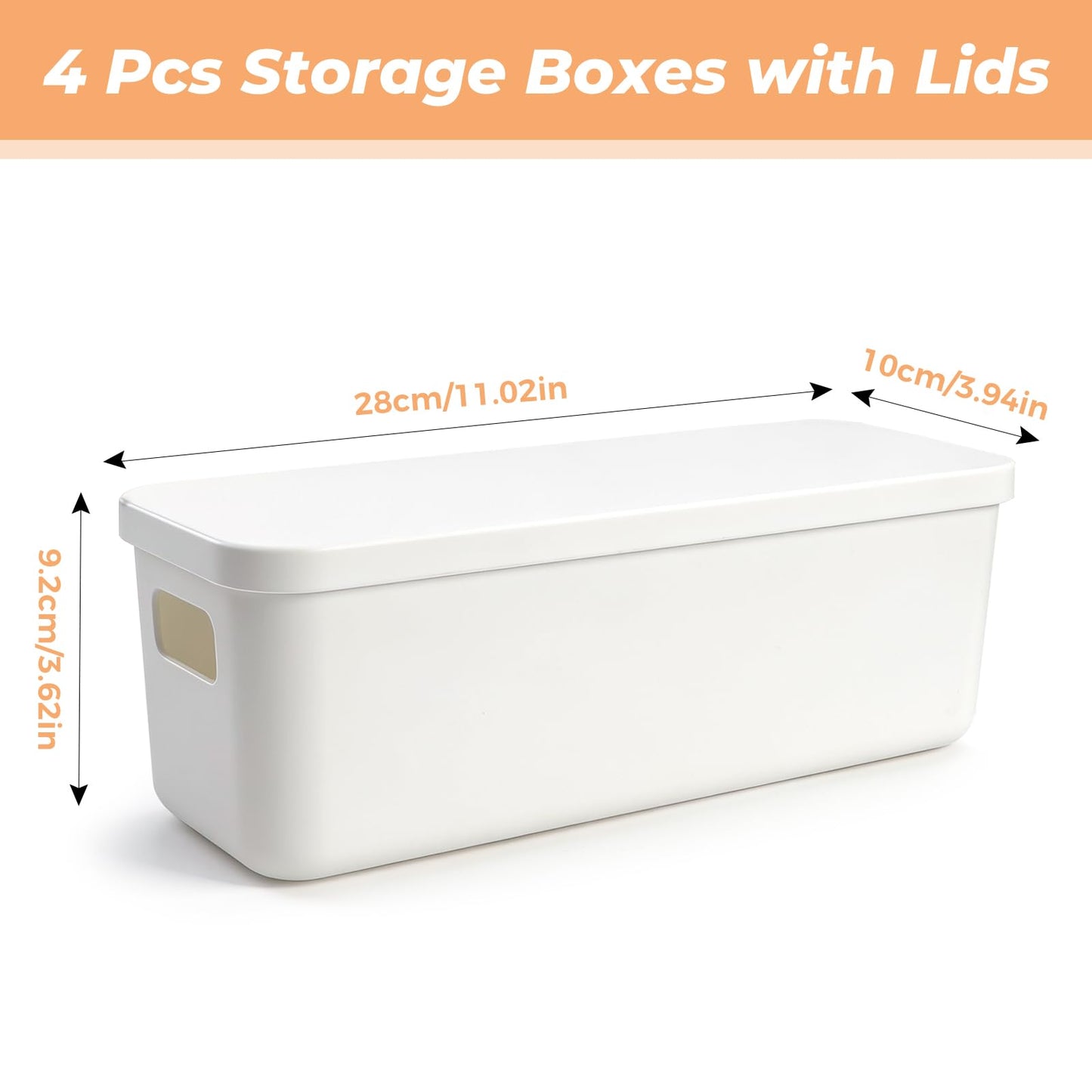 QUMENEY 4 Packs Narrow Plastic Storage Boxes with Lids White Shelf Baskets