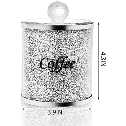 Cedilis 3 Pack Decorative Coffee Tea Sugar Canisters With Crushed Crystal Diamonds, Glass Food Storage Containers, Bling Kitchen Jar for Countertop Decor, Silver