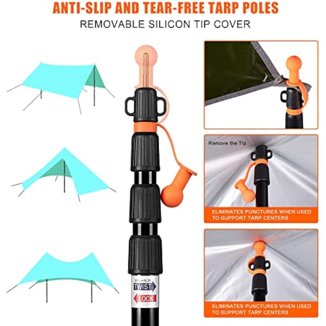 CAMULAND Heavy Duty Tent Poles Set of 2, 34.5” - 110.2” Aluminum Tent Poles for Adjustable, Portable Replacement Telescoping Tent Poles for Camping, Hammock and Awning-4 Section