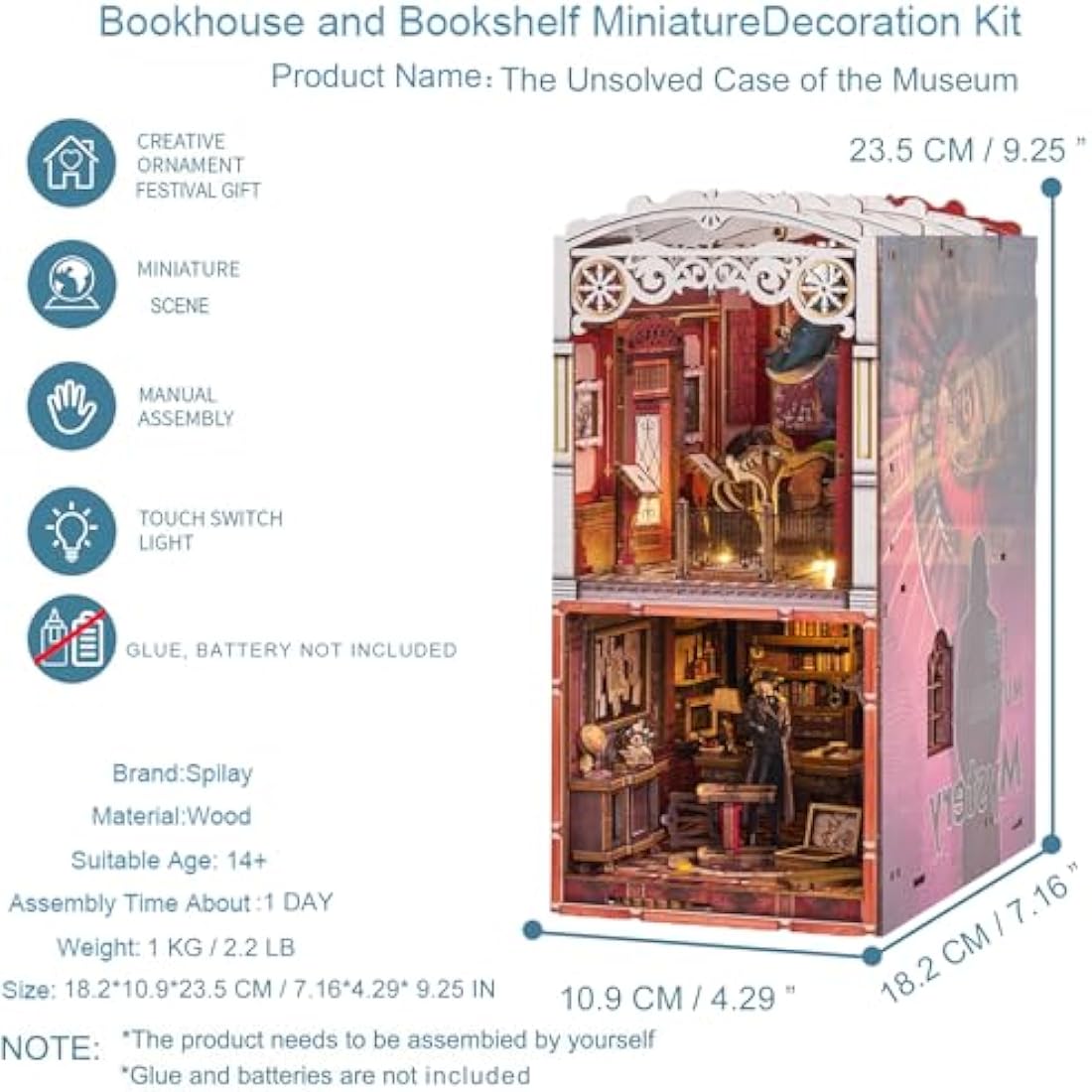 Spilay DIY Book Nook Kit - 3D Bookshelf Alley Insert with LED Lights, Handmade Miniature Model Craft Kit, Creative Gift for Adults & Teens Christmas/Birthday Present - The Unsolved Case of the Museum