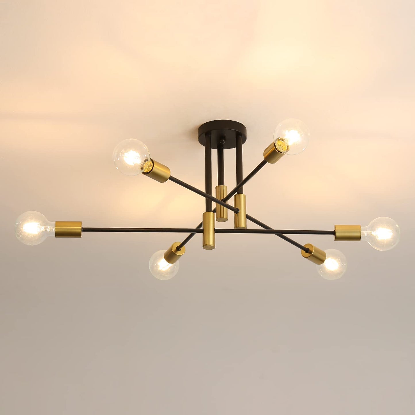 DAXGD Industrial 6-Light Modern Sputnik Ceiling Light, Black Gold, E27 Socket, Semi Flush Mount, 14 x 11 x 38 cm, Suitable for Bedroom, Living Room,