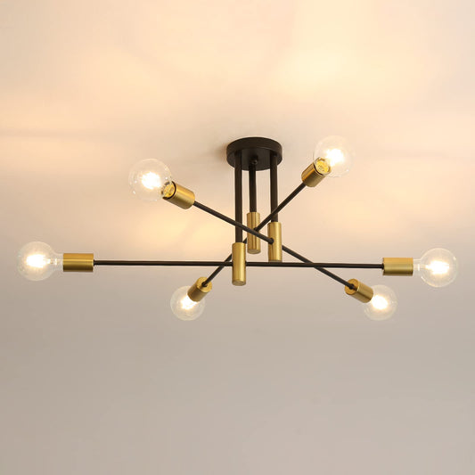 DAXGD Industrial 6-Light Modern Sputnik Ceiling Light, Black Gold, E27 Socket, Semi Flush Mount, 14 x 11 x 38 cm, Suitable for Bedroom, Living Room,