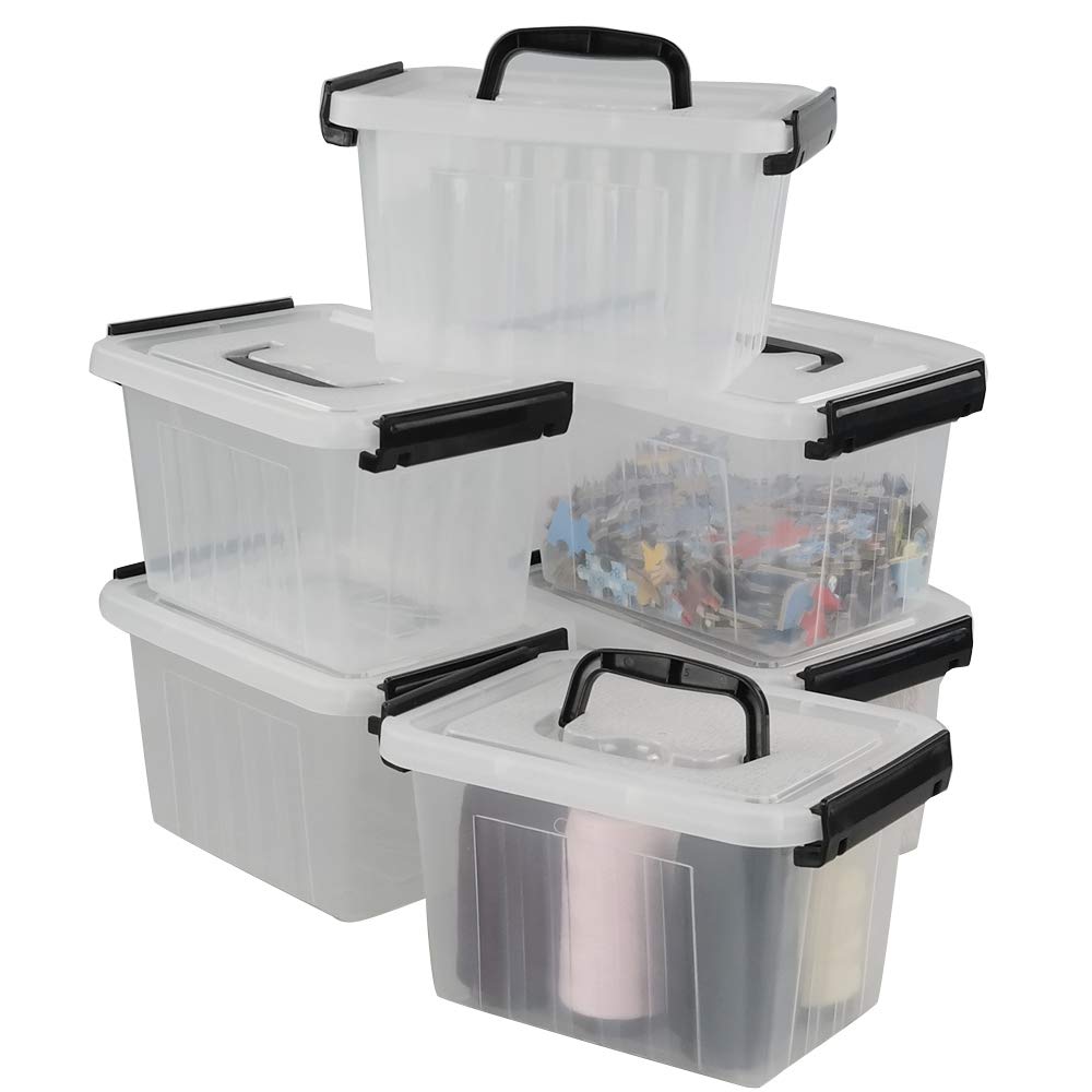 Lesbin 3 L Clear Plastic Storage Box with Lids, 6-Pack Small Latching Box with Handle