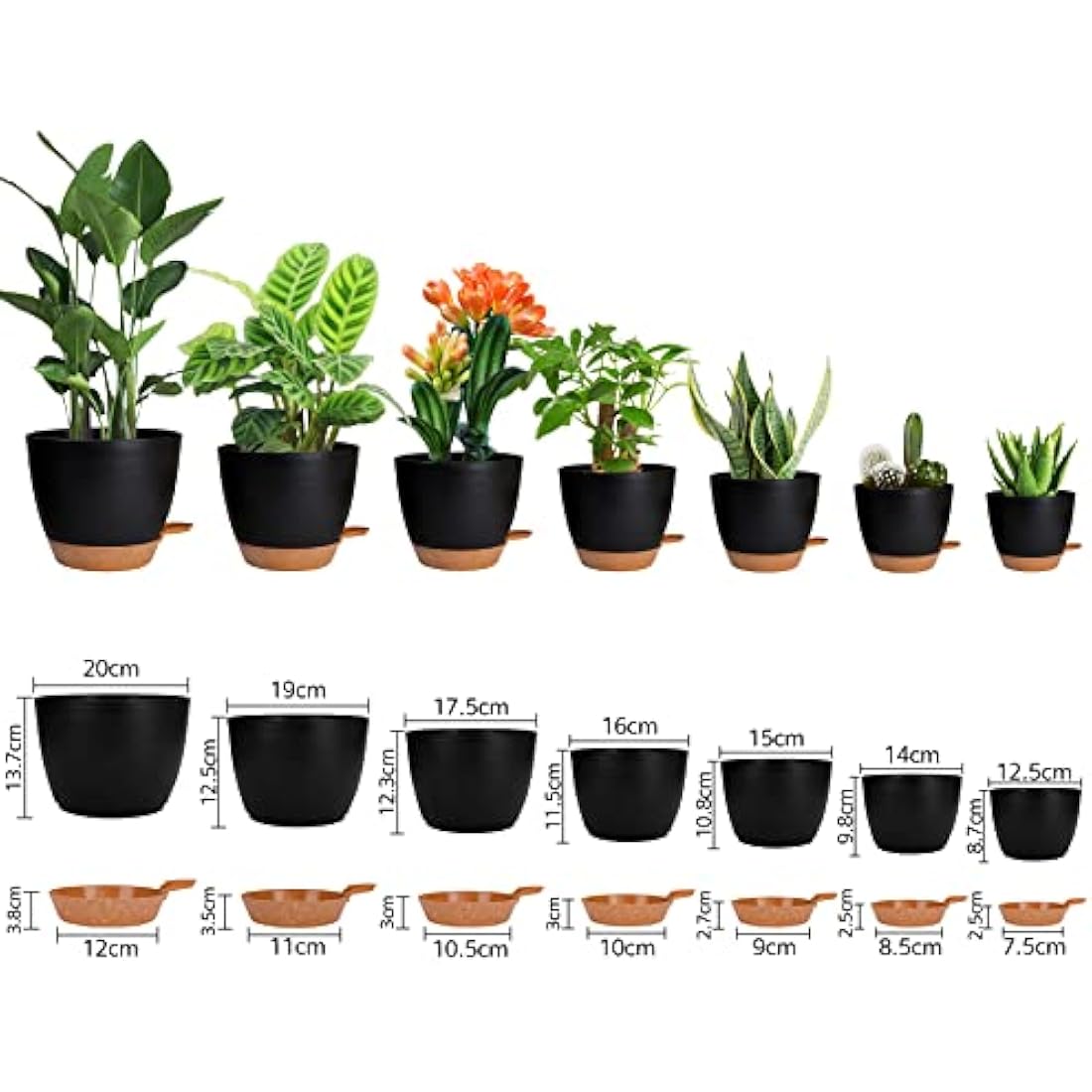 CSYY Plant Pots Indoor, 7Pack Plastic Plant Pots 20.3/19/17.7/16.5/15.2/14/12.7cm, Flower Pots Outdoor Self Watering Plant Pot with Drainage Holes Tray, Plastic Planter for Garden House Plants(Black)