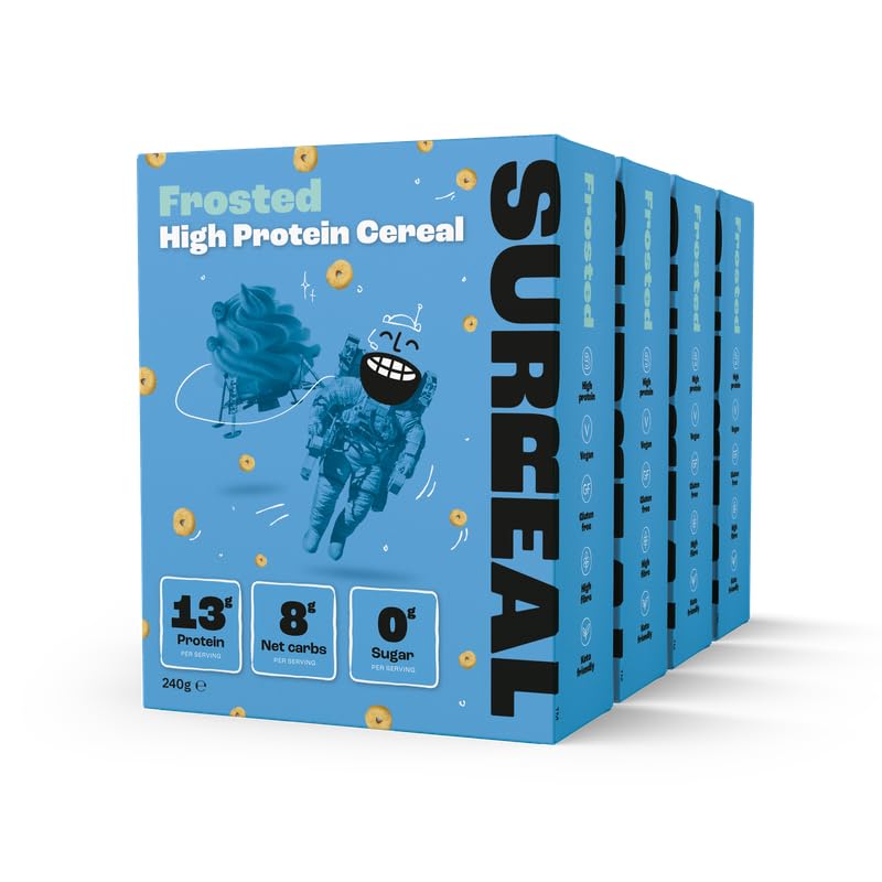 Surreal Frosted High Protein Cereal - Zero Sugar- Healthy Plant Based Cereal - High in Fibre - Low Carb - Gluten Free - Vegan - 13g of Protein, 0g of