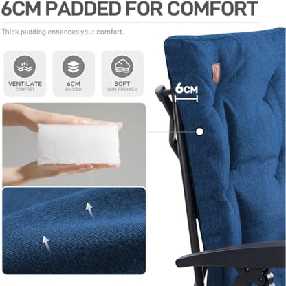 EVER ADVANCED Luxury Camping Chairs 2 Set for Adults Heavy Duty High Back Oversized Folding Garden Chair Comfy Padded 6cm Loadable 150kg Cam Adjustable Dining Chairs 4-Position Recliner Blue