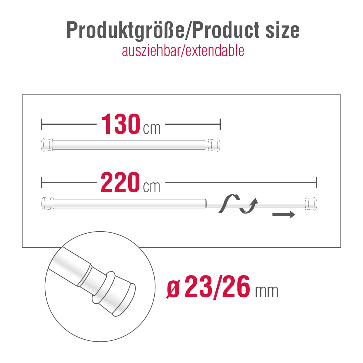GARDINIA Tension rod, metal rod, extendable, curtain rod without drilling and screws, diameter 23/26 mm, length 130-220 cm, white