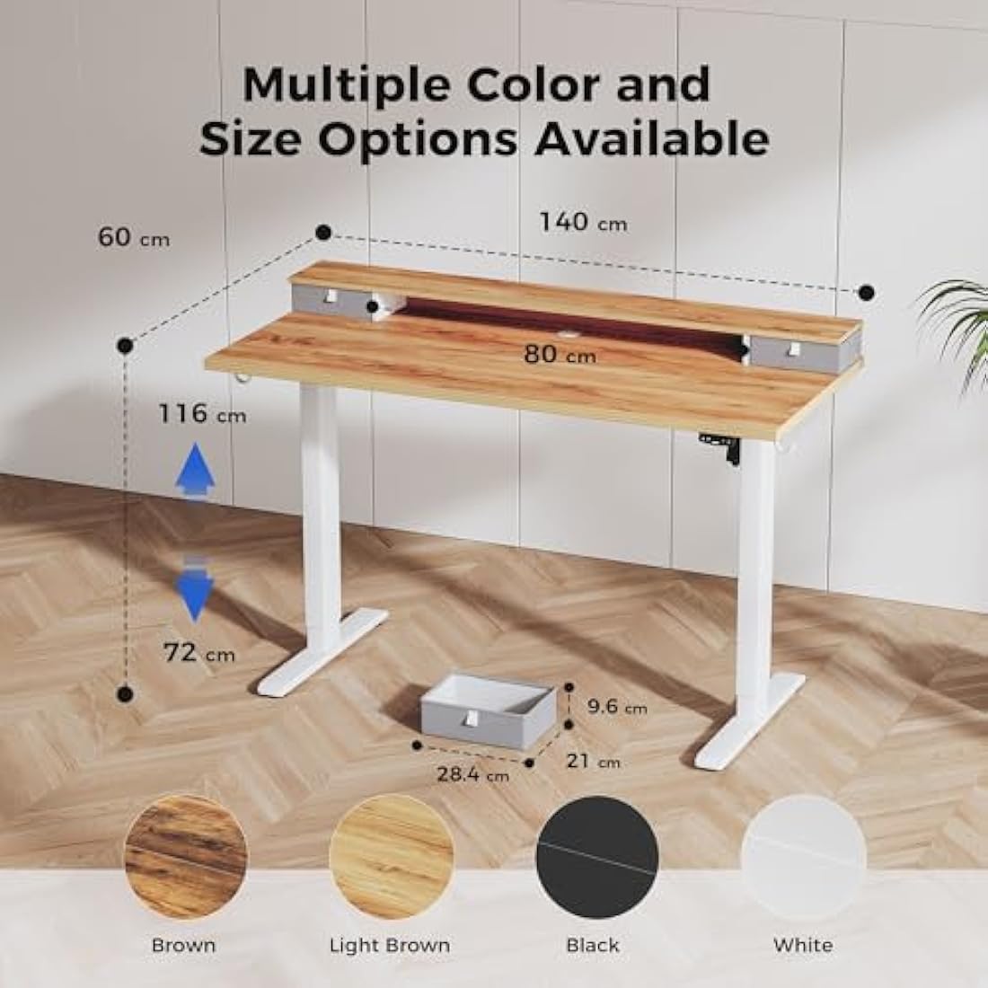 Agilestic Adjustable Height Desk with 2 Drawers, 140 x 60 cm, Stable Electric Sit-Stand Desk, Ergonomic Computer Desk, Light Brown
