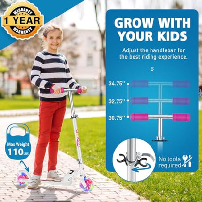 BELEEV V1 Scooter for Kids, 2 Wheels Folding Kick Scooter for Children Girl and Boys, 3 Adjustable Height, Flashing Light up Wheels, Lightweight Scooter with Sturdy Frame, Kickstand, Age 3-12