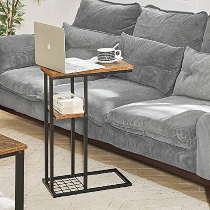 YMYNY C Shaped End Table, Snack Table, Side Table for Small Spaces, Living Room, Bedroom, Industrial, Small Table, Easy Install, 40 x 26 x 61.5CM Rustic Brown HST004H