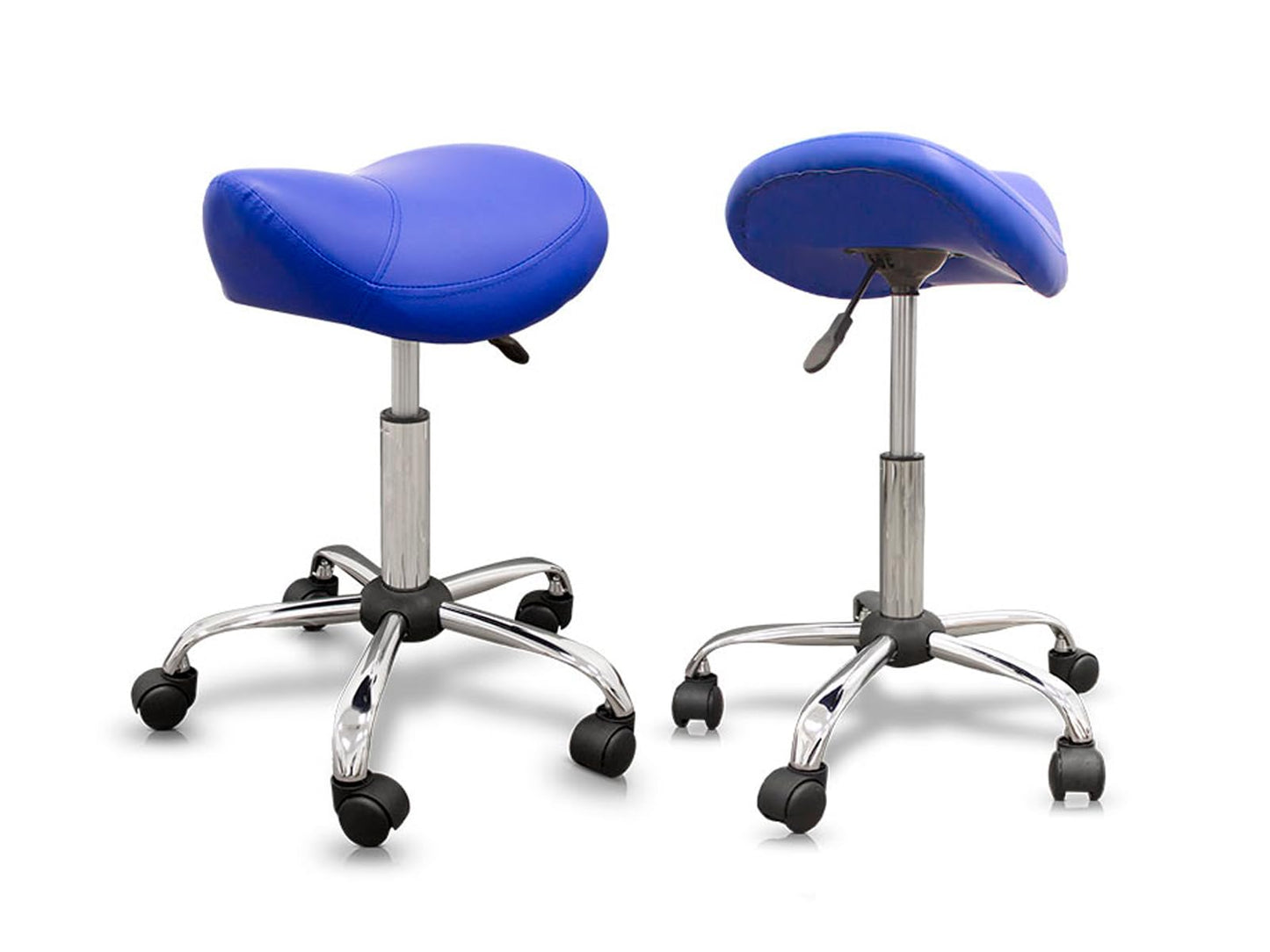 QUIRUMED Ergonomic Pony Stool with Steel Base, Purple, Upholstered in Leatherette, Adjustable Height, Padded Seat, Swivel Wheels, Up to 150 kg