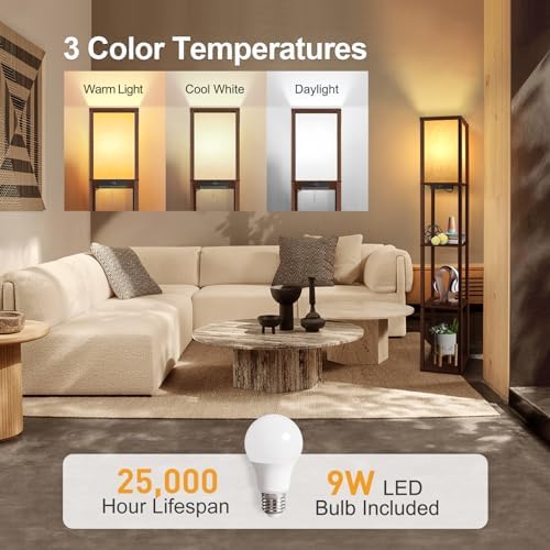 OUTON Floor Lamp with Shelves, LED Column Modern Floor Lamp with USB & Type C Port, 3 Color Temperature, Wooden Standing Lamp with White Linen Shade for Living Room, Bedroom, Office (Walnut Brown)