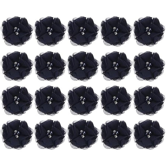 sourcing map Artificial Rhinestone Chiffon Flower Heads, Dark Blue Faux Flowers 2 Inch for DIY Craft Wedding and Party Decoration Pack of 20