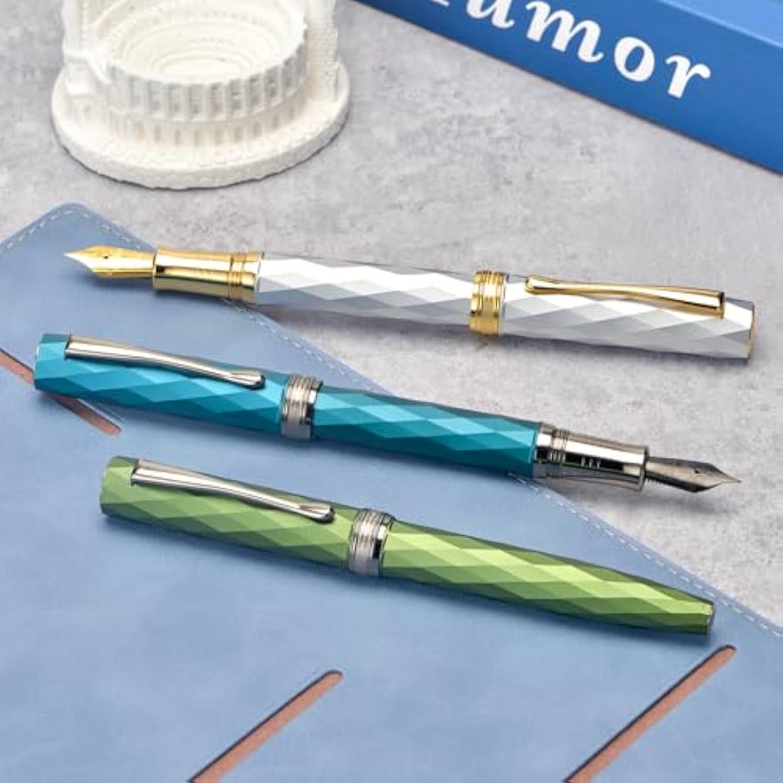 HONG DIAN N11 Fountain Pen, Titanium-Coated Black Fine Soft Nib, Peacock Blue & Lozenge Geometric Design with Metal Case Set