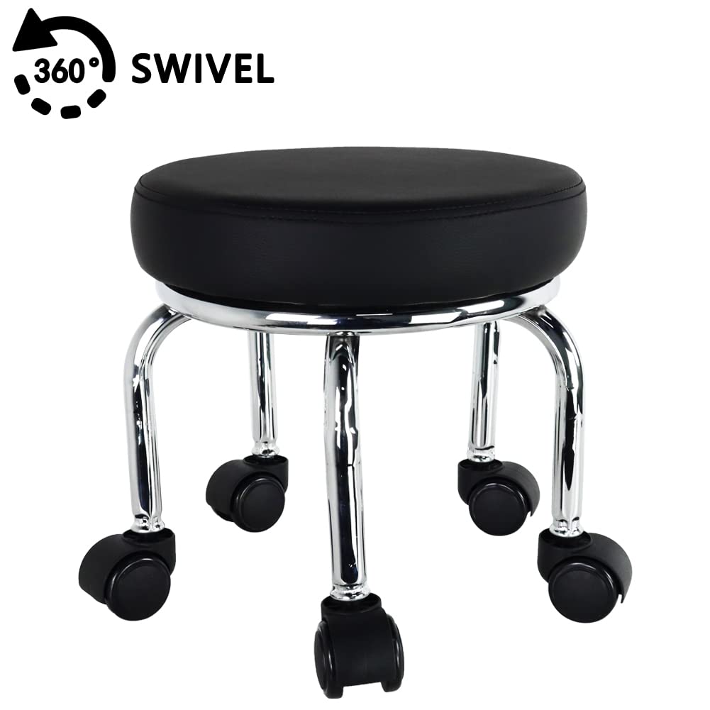 WKWKER Small Rolling Stool PU Leather Roller Seat 360° Swivel Low Round Chair with Universal Caster Wheels for Home Massage Garden Office Garage Shop