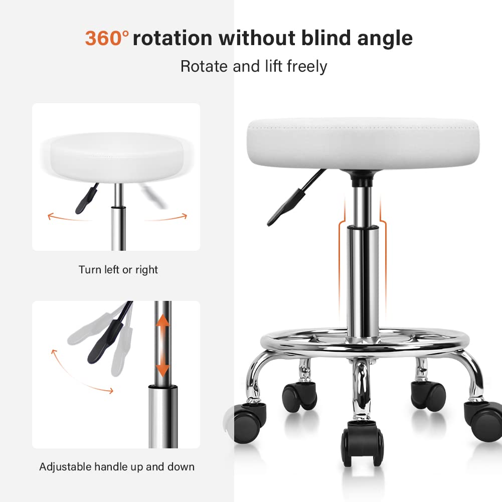 KKTONER PU Leather Round Rolling Stool with Foot Rest Swivel Height Adjustment Spa Drafting Salon Tattoo Work Office Massage Stools Task Chair (White)